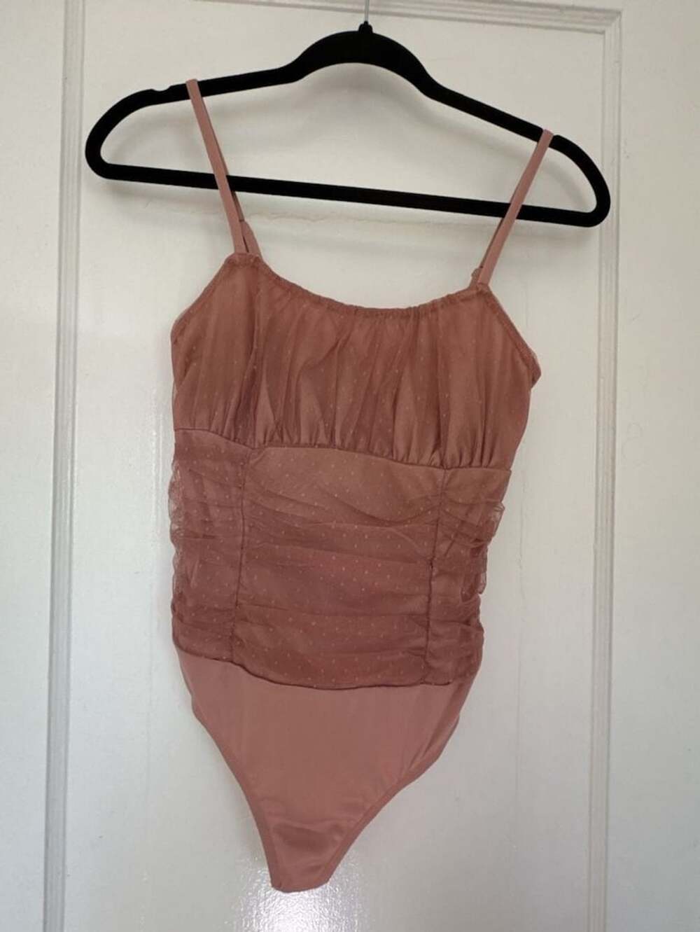 Dusty Rose Sheer Mesh Ruched Bodysuit Coquette Polka Dot Thong S ballerina